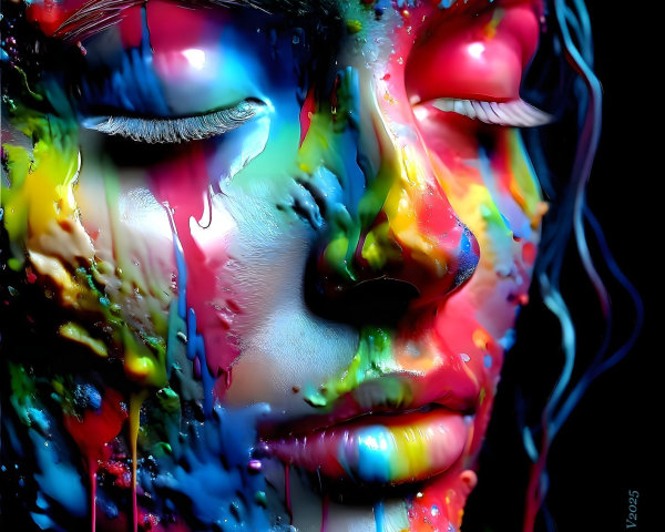 Photorealistic Digital Artwork of Colorful Paint on Face