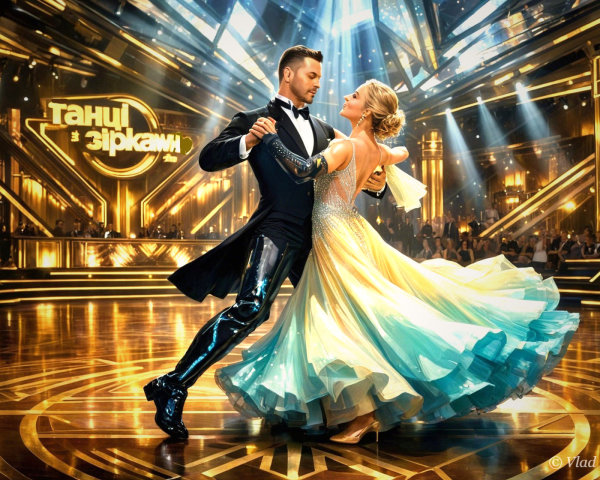 Elegant Ballroom Dancing Couple in Modern Dance Hall