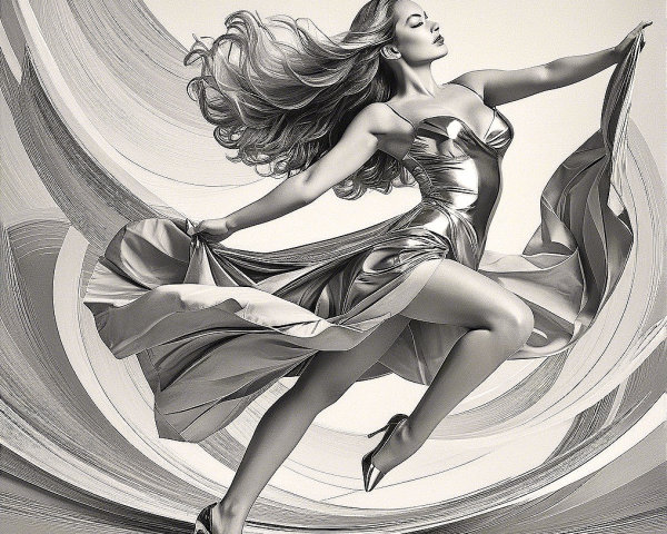 Monochrome Image of Woman in Flowing Silver Dress