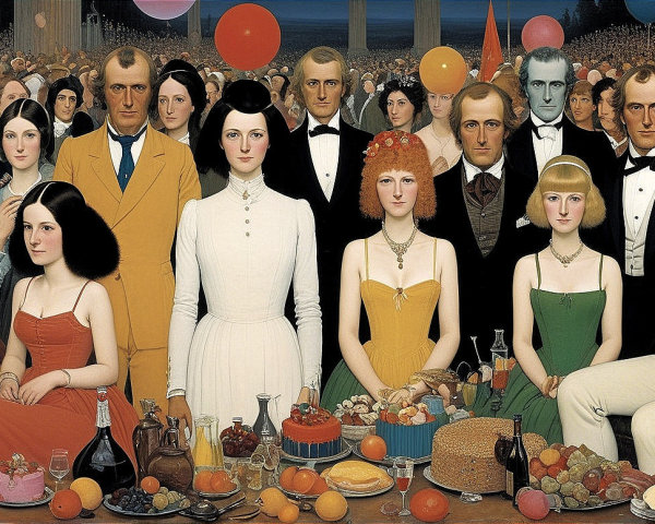 Grand banquet scene with elegantly dressed guests