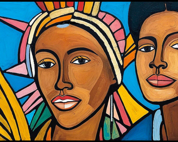 Vibrant Painting of Two Confident Women with Feathers