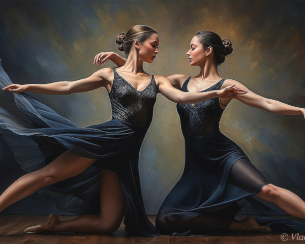 Ballet Dancers in Elegant Black Dresses in Dramatic Setting