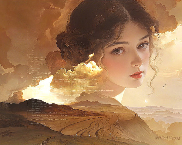 Digital Oil Painting of Young Woman Over Mountain Landscape