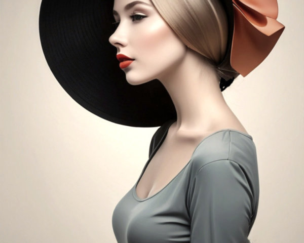 Elegant Woman in Profile with Black Hat and Gray Top