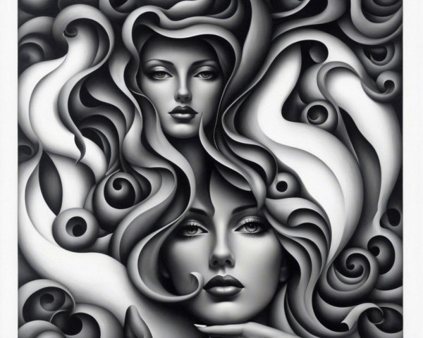 Monochromatic Artwork of Intertwined Female Faces
