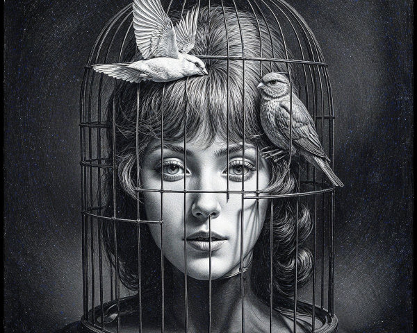 Woman's Face in Birdcage with Birds: Surreal Art