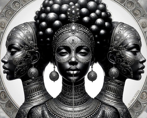 Three Stylized Figures with Metallic Adornments