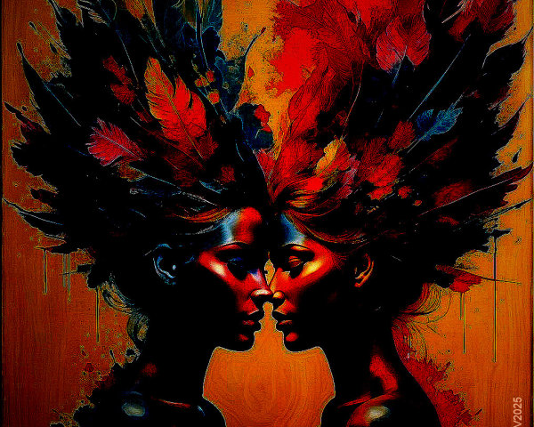 Stylized Faces with Colorful Feathers and Foliage