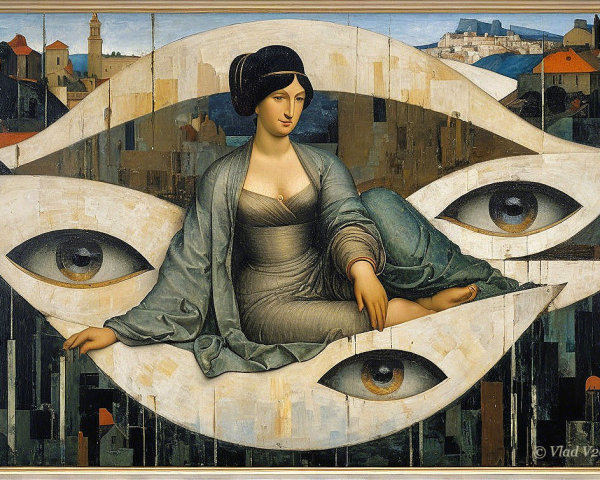 Serene Woman in Gray Gown Among Stylized Eyes