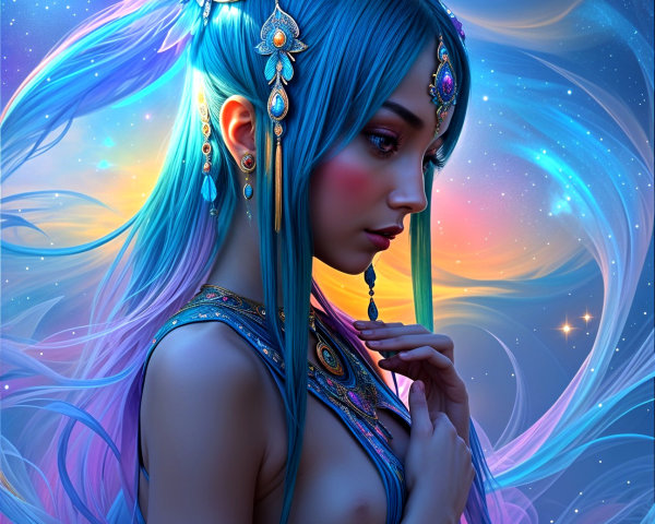 Mystical figure with blue hair in cosmic background