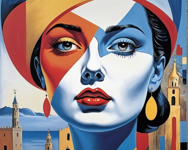 Portrait of a Woman with Geometric Patterns and Landscape