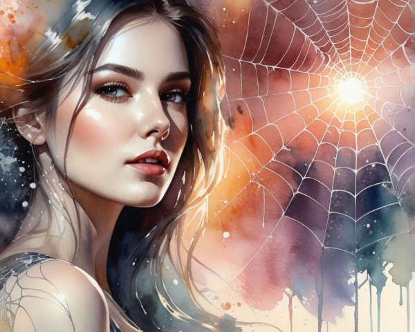 Portrait of a Young Woman with Abstract Watercolor Background