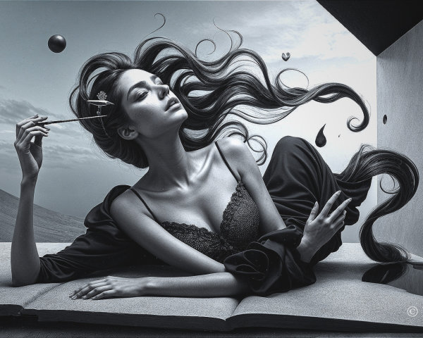 Ethereal Woman Among Surreal Geometric Shapes