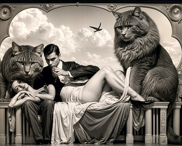 Surreal Black-and-White Scene with Oversized Cats