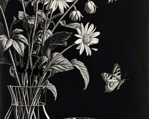 Black-and-white Illustration of Daisies and Butterfly