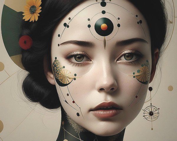 Portrait of a Woman with Geometric and Floral Designs