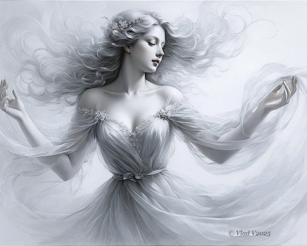 Ethereal Woman in Flowing Gown with Silvery Hair