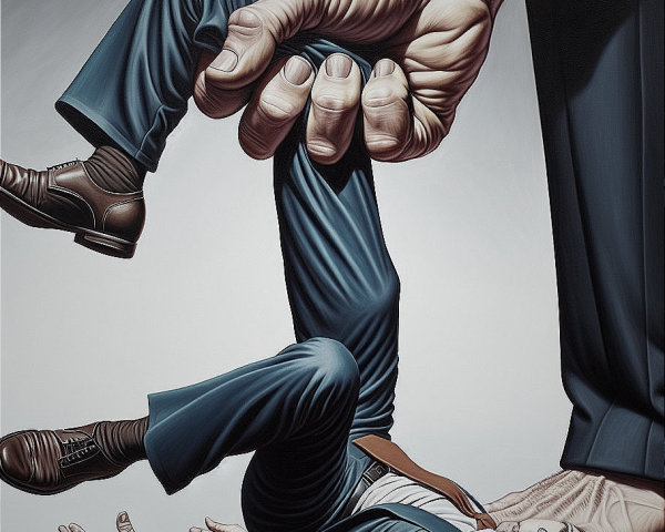 Giant Hand Grasping Smaller Figure in Dramatic Scene
