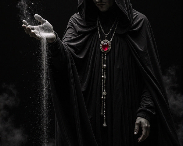 Mysterious Cloaked Figure with Shimmering Sand