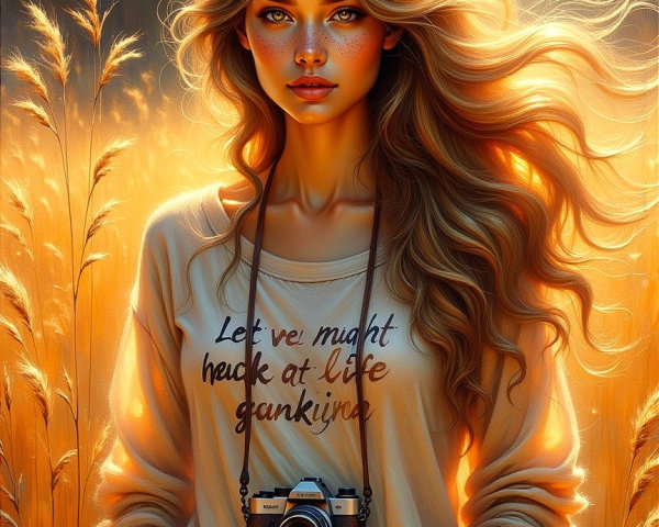 Young woman in golden field with camera and sweater