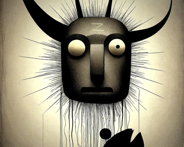Stylized Mask Artwork with Energy Lines and Sun