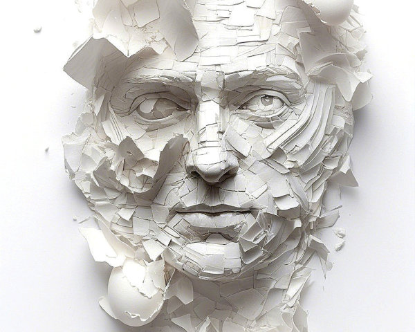 Human face created with cracked white eggshells