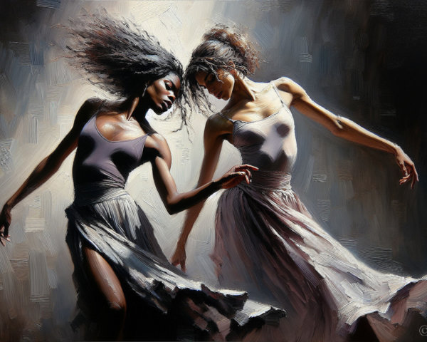 Dancers in Flowing Skirts Capturing Artistic Motion