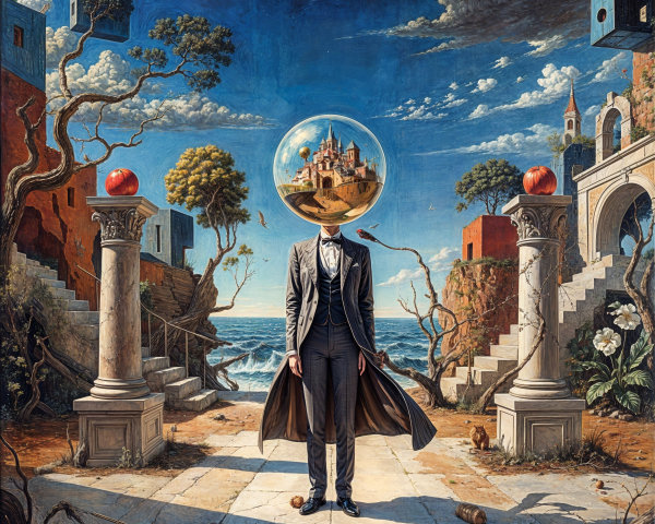 Surreal Landscape with Globe-Head Figure and Castle