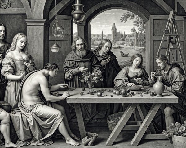 Classical Gathering Around Table with Fruits and Flowers