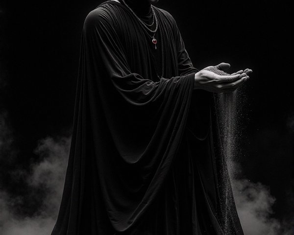 Mystical Figure in Black Robe with Flowing Sand