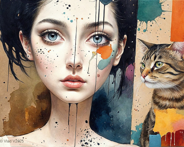 Portrait of a Young Woman with Blue Eyes and Cat