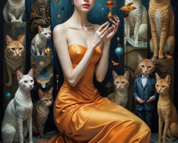 Serene Scene of Woman in Orange Gown with Cats