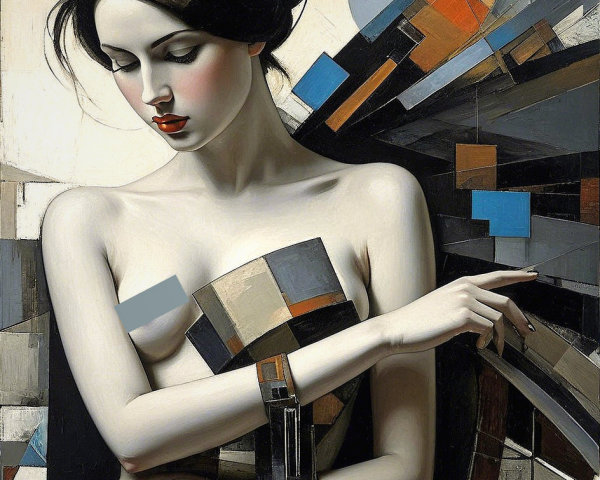 Graceful Woman with Geometric Background in Muted Tones