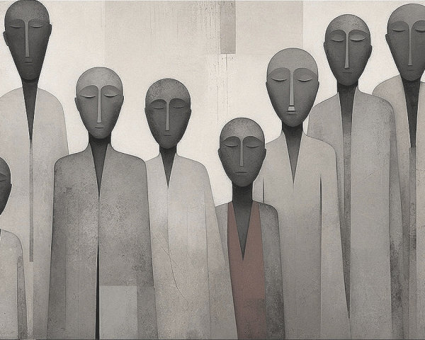 Stylized Figures in Muted Colors and Abstract Background
