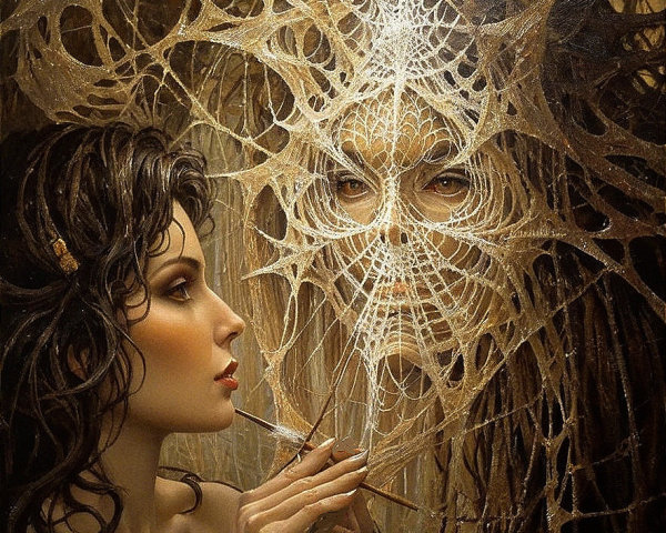 Woman gazing into mirror with intricate webs and reflection