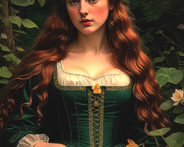 Young woman with red hair in a green forest setting