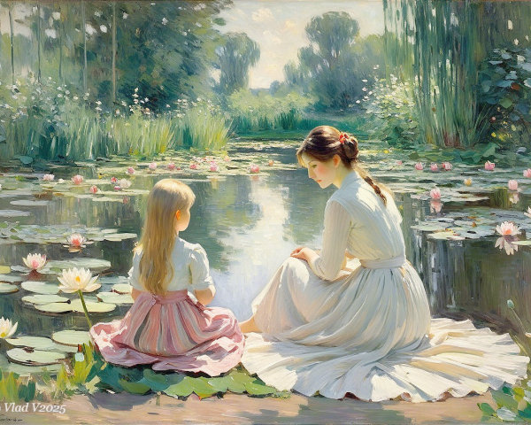 Serene Scene by a Tranquil Pond with Two Figures