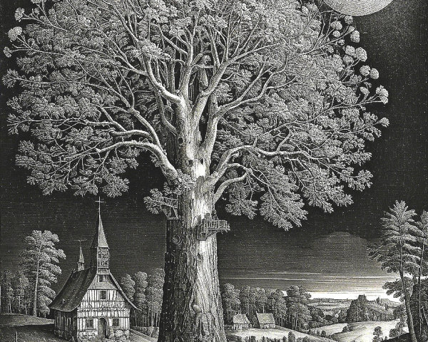 Detailed Tree and Church Under Moonlit Night Sky