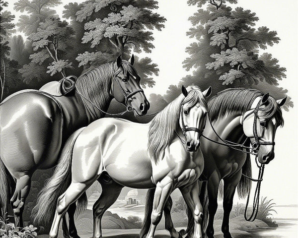 Three Horses in a Serene Landscape with Greenery