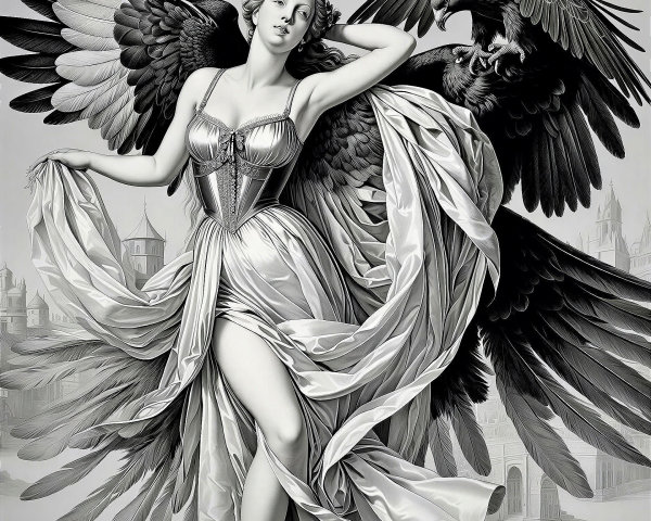 Young Woman in Crown with Eagle in Black and White Illustration