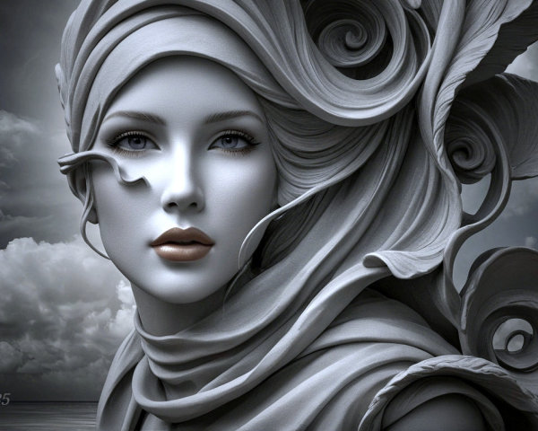 Monochromatic Sculpture of a Woman with Flowing Hair