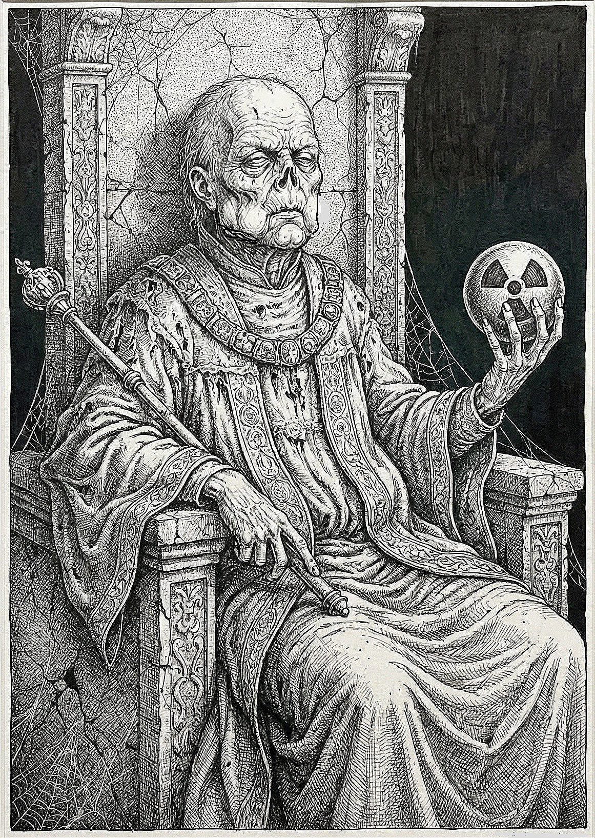 Skeletal Grim Reaper Figure on a Decaying Throne