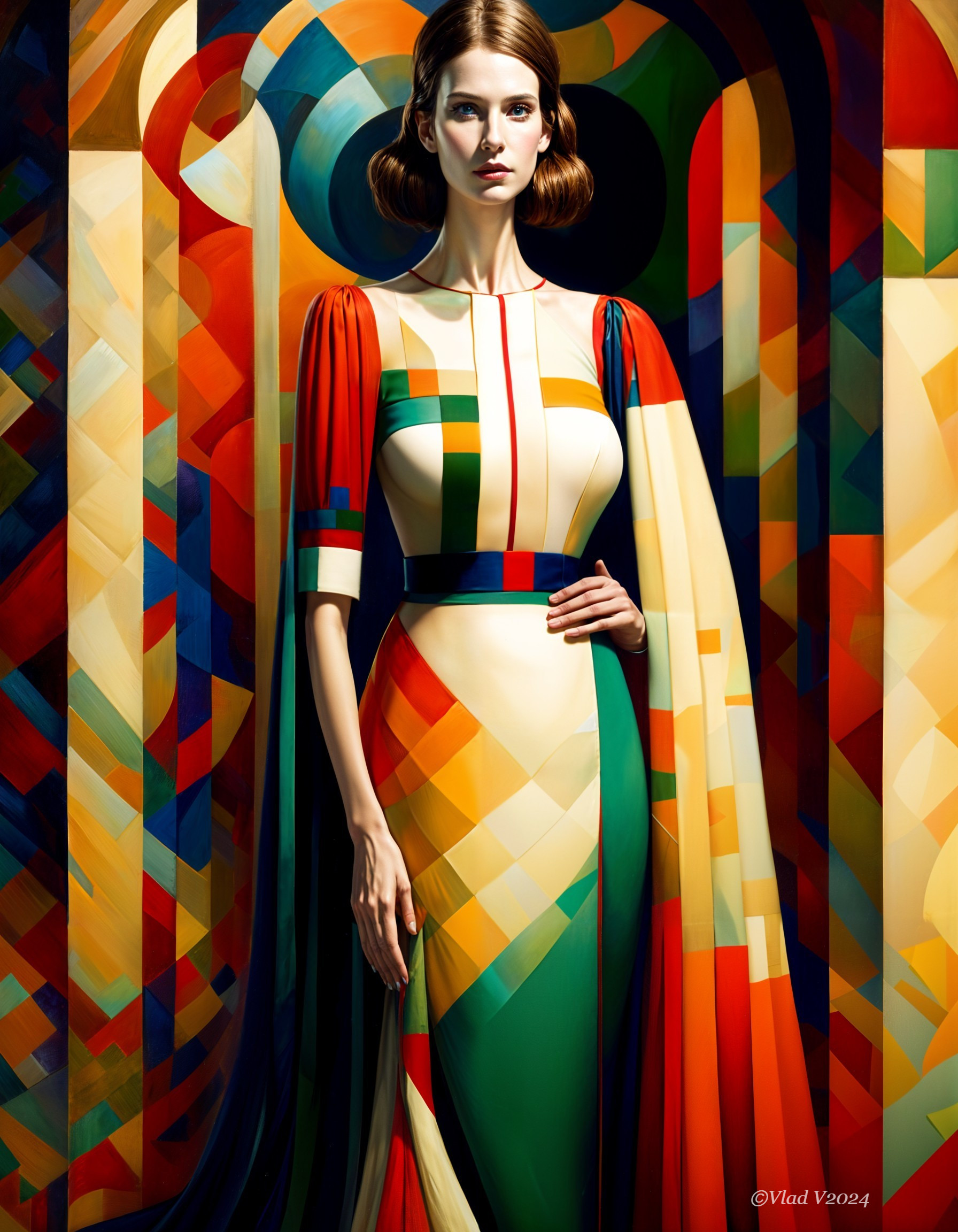 Vivid Fashion Portrait with Geometric Dress Design
