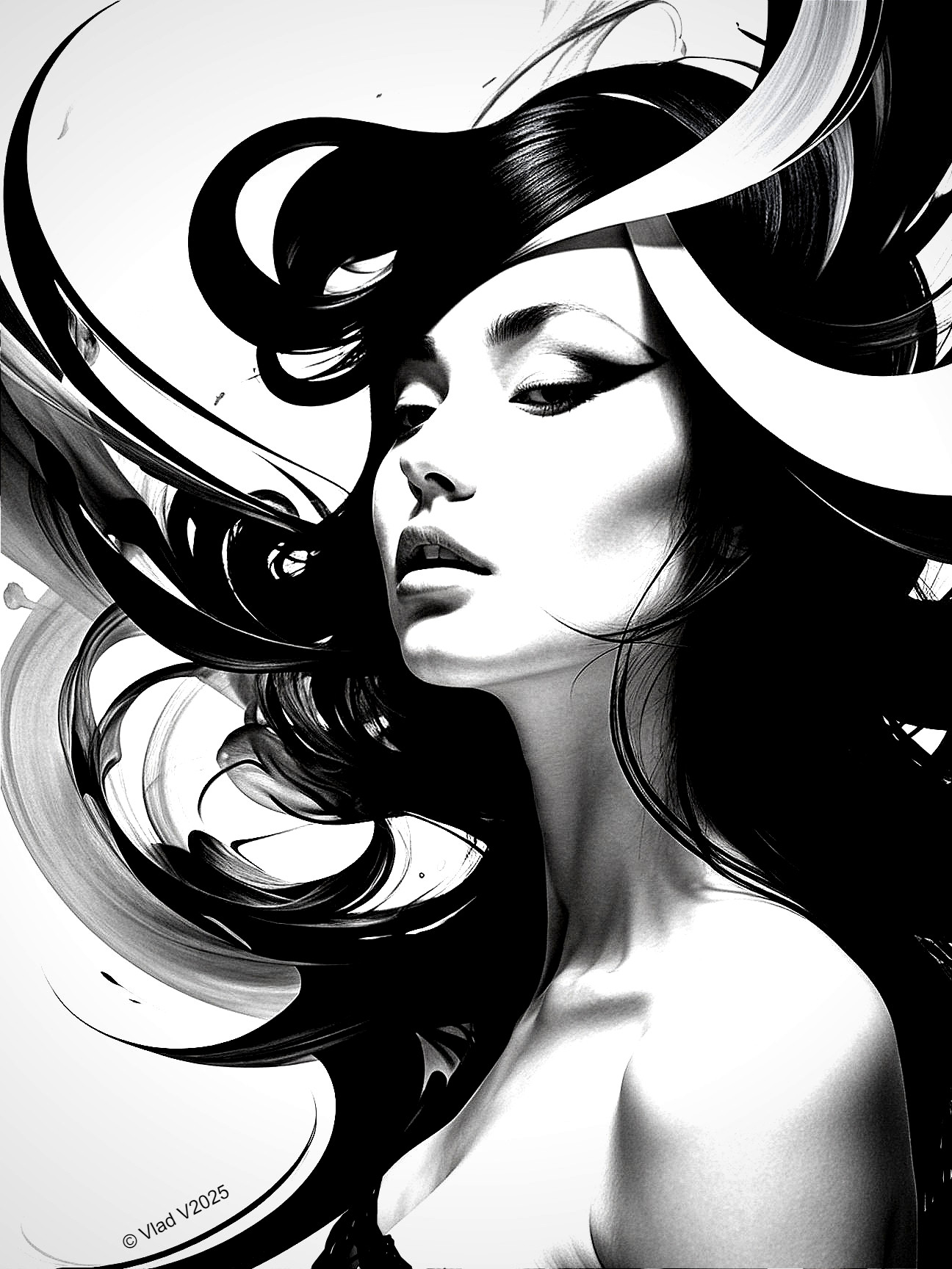 Black and white illustration of a serene woman with hair