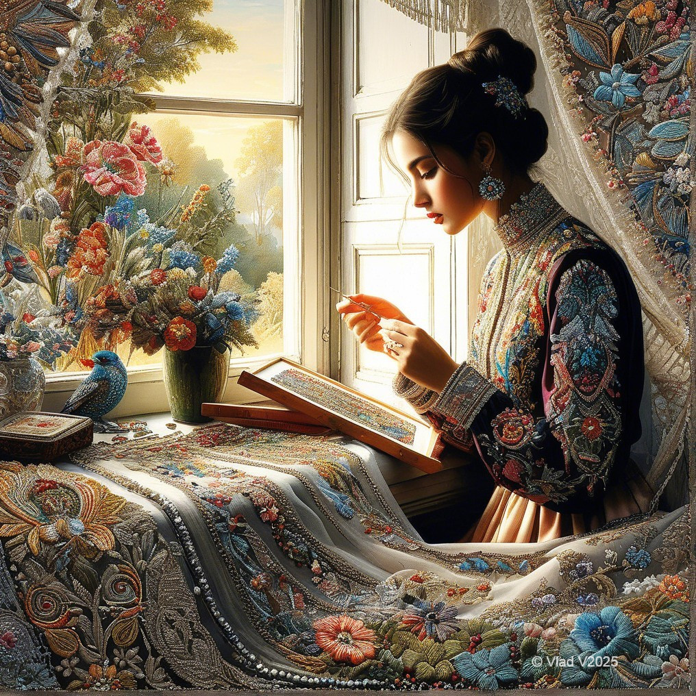 Young Woman Reading in Sunlit Floral Room