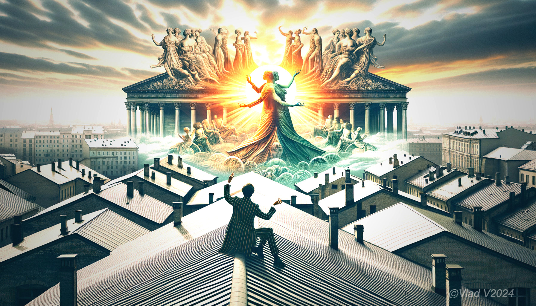 Surreal Scene of Figure on Rooftop with Celestial Light