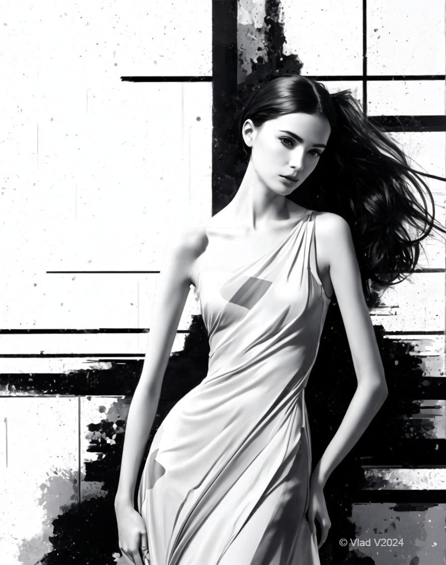 Black and White Artwork of Woman in Draped Dress