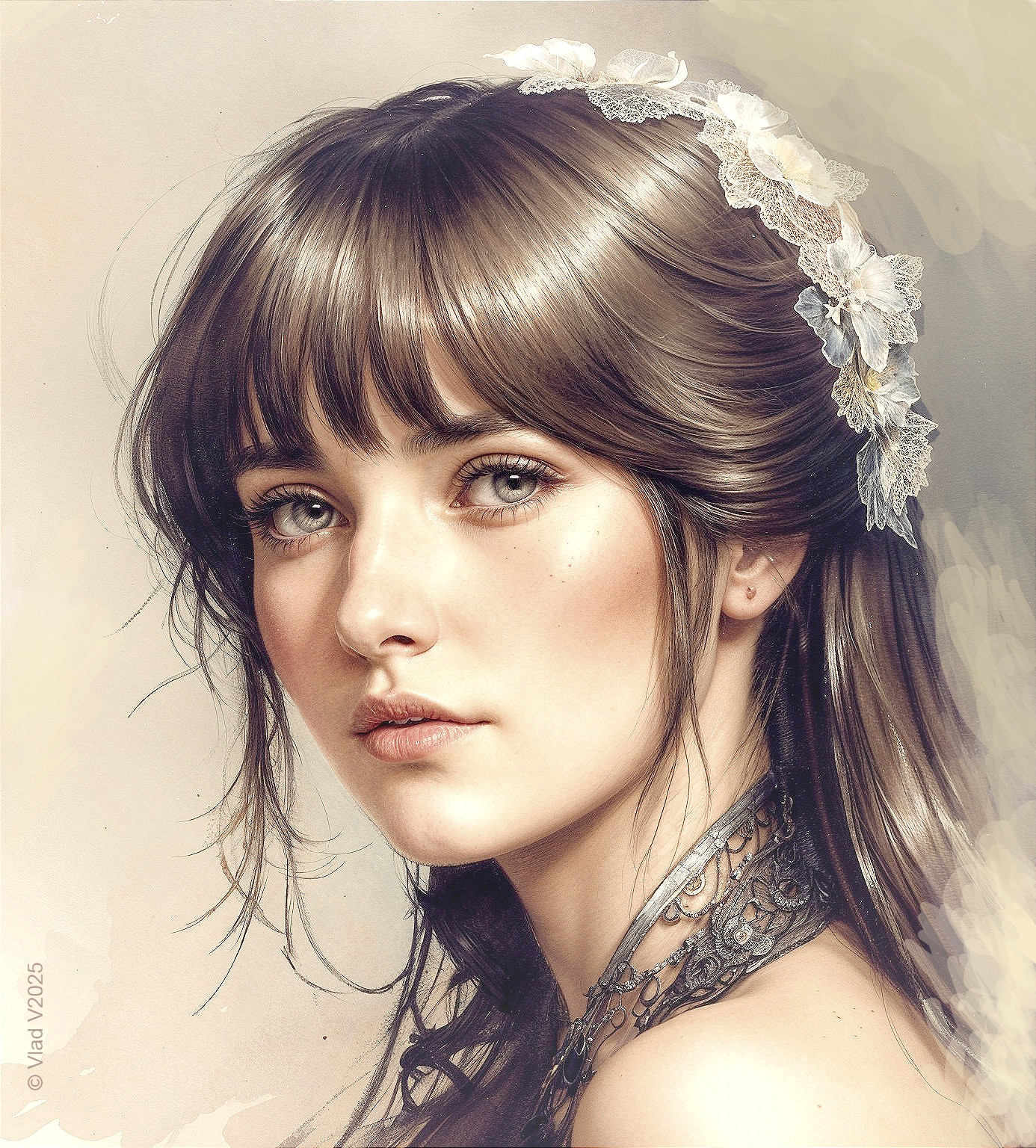Young woman with floral headpiece and lace details