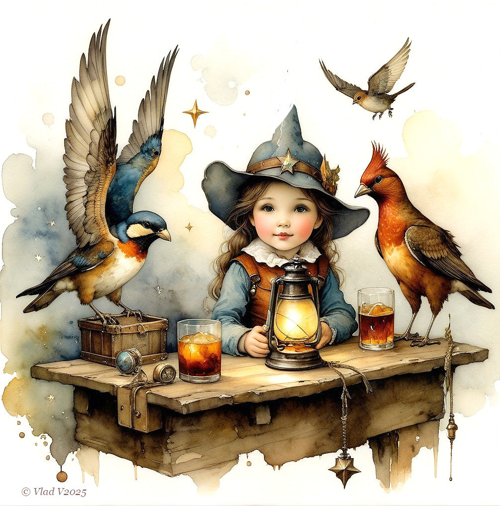 Whimsical Scene of a Girl with Birds and Lanterns