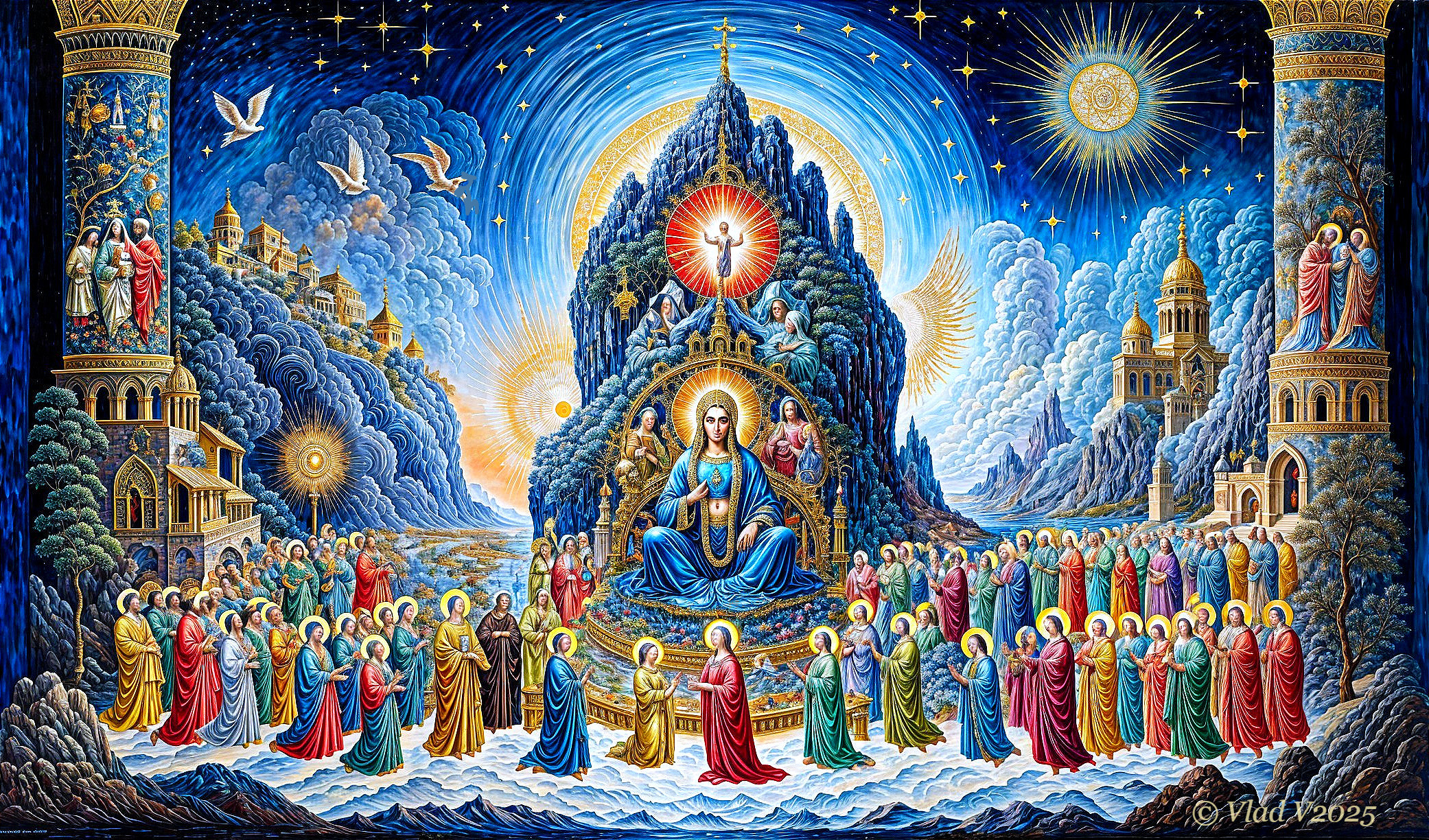 Celestial Gathering with Divine Figure and Angels